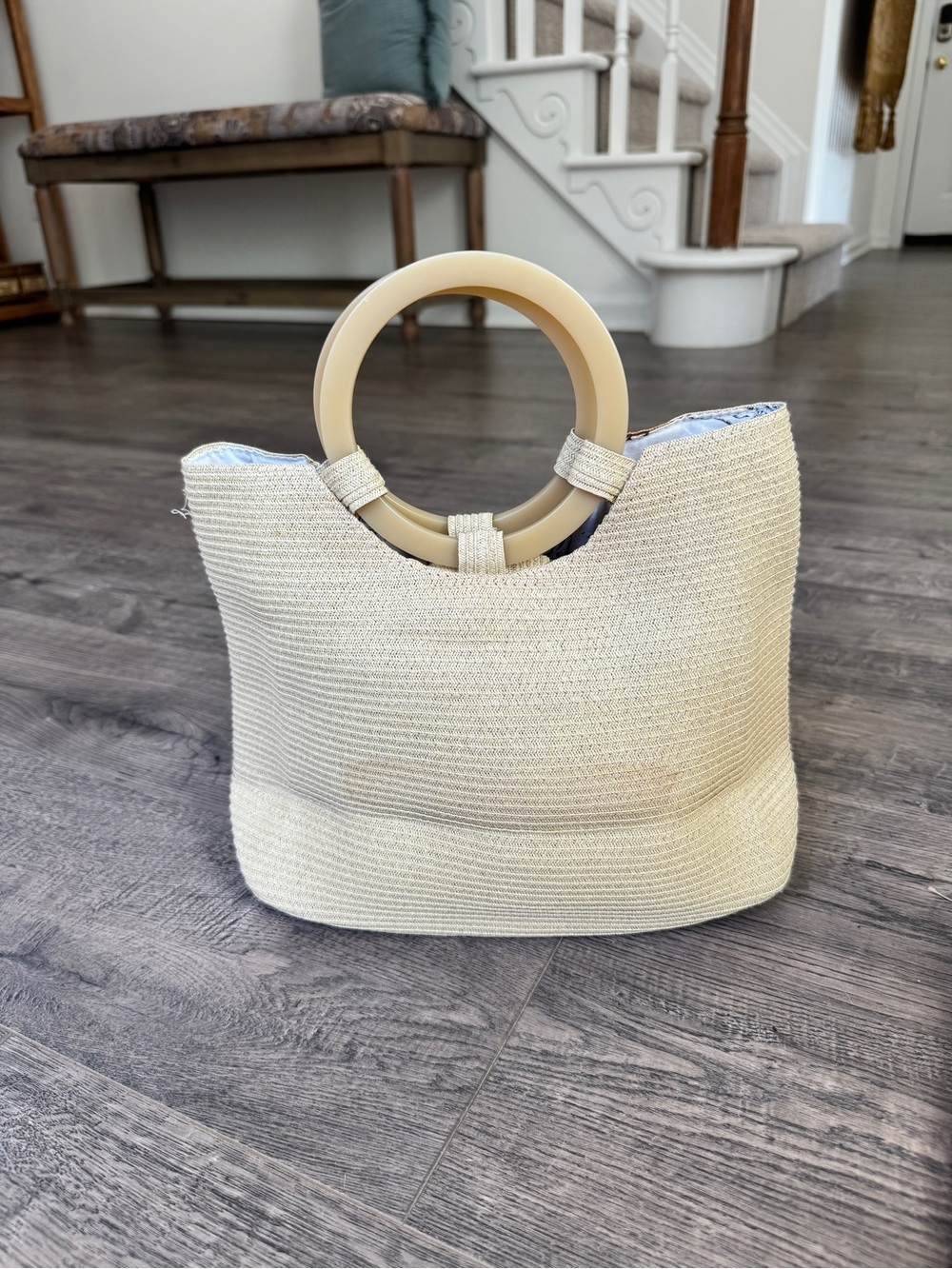 Liz Claiborne Cream Straw Tote with Circular Handles